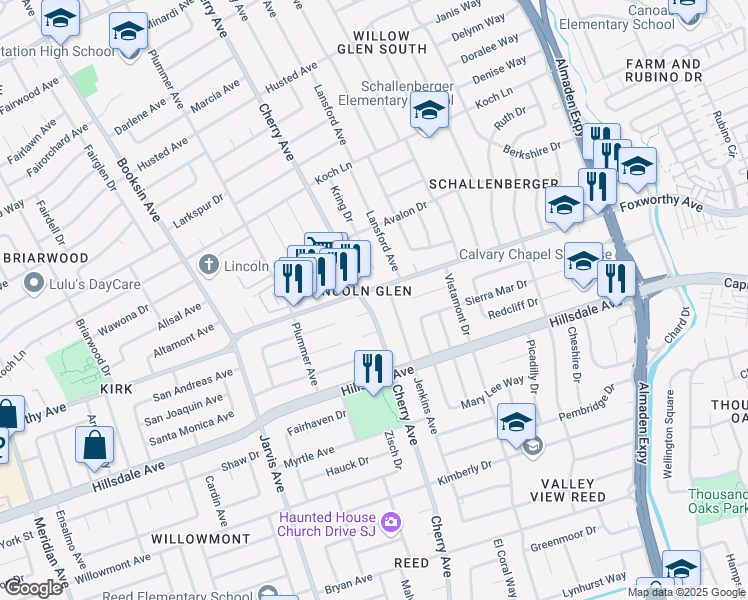 map of restaurants, bars, coffee shops, grocery stores, and more near 3012 Cherry Avenue in San Jose