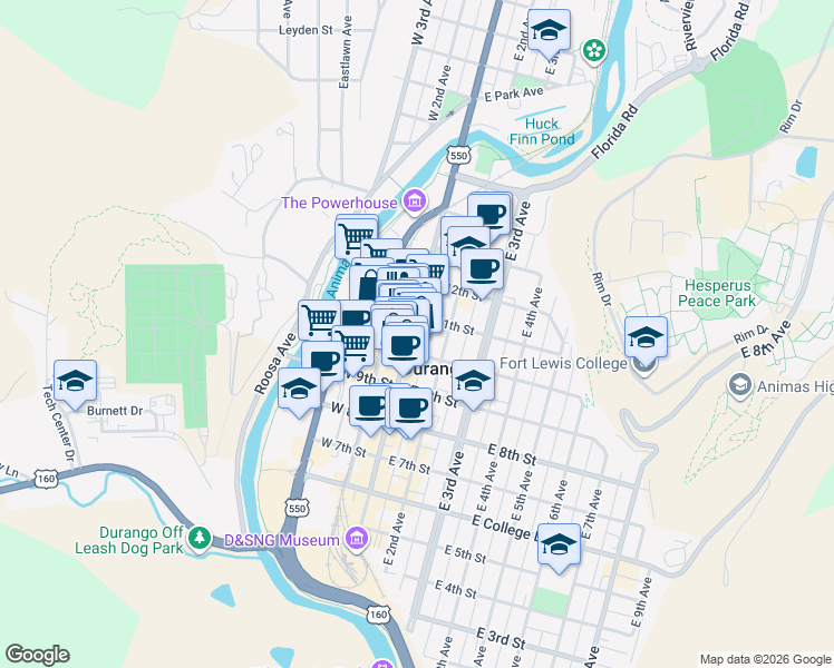 map of restaurants, bars, coffee shops, grocery stores, and more near 1050 Main Avenue in Durango