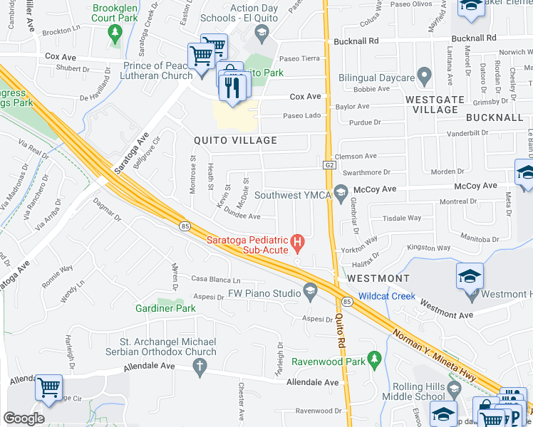 map of restaurants, bars, coffee shops, grocery stores, and more near 18731 Dundee Avenue in Saratoga
