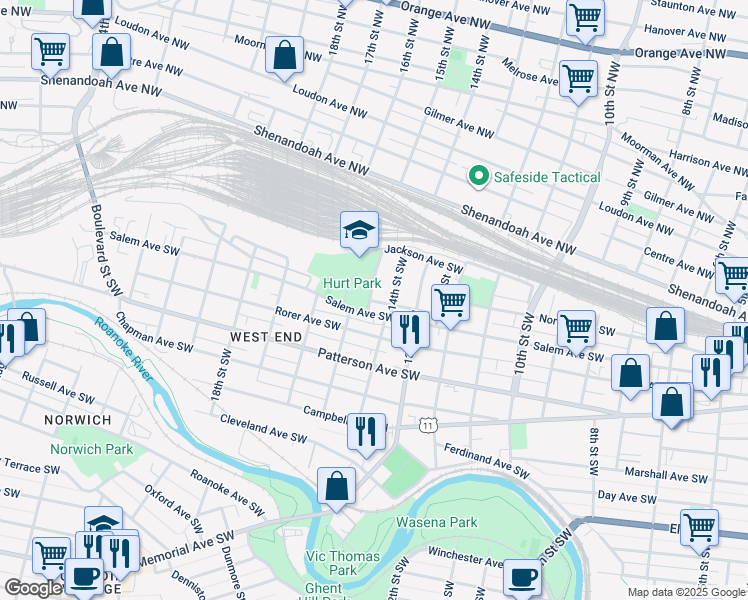 map of restaurants, bars, coffee shops, grocery stores, and more near 116 15th Street Southwest in Roanoke