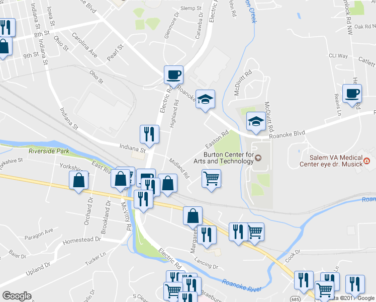 map of restaurants, bars, coffee shops, grocery stores, and more near 1123 Easton Road in Salem