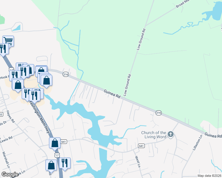 map of restaurants, bars, coffee shops, grocery stores, and more near 7871 Guinea Road in Gloucester County