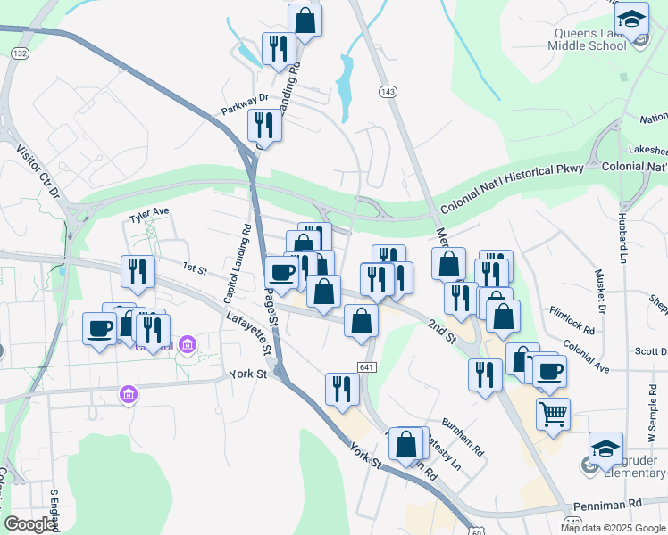 map of restaurants, bars, coffee shops, grocery stores, and more near 216 Parkway Drive in Williamsburg