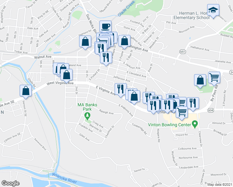 map of restaurants, bars, coffee shops, grocery stores, and more near 218 Virginia 24 in Vinton