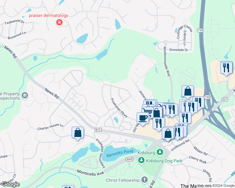 map of restaurants, bars, coffee shops, grocery stores, and more near 3915 Cold Spring Road in Williamsburg