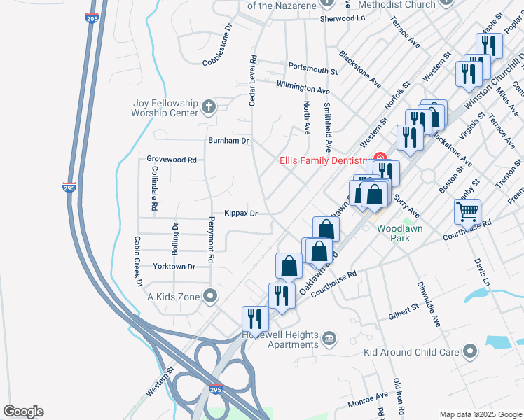 map of restaurants, bars, coffee shops, grocery stores, and more near 3701 Kippax Drive in Hopewell