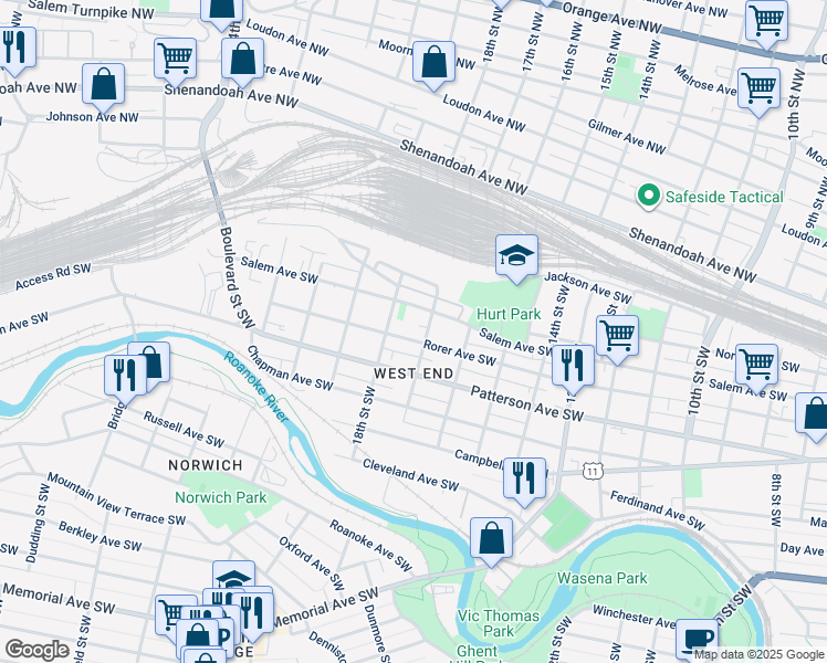 map of restaurants, bars, coffee shops, grocery stores, and more near 1715 Rorer Avenue Southwest in Roanoke