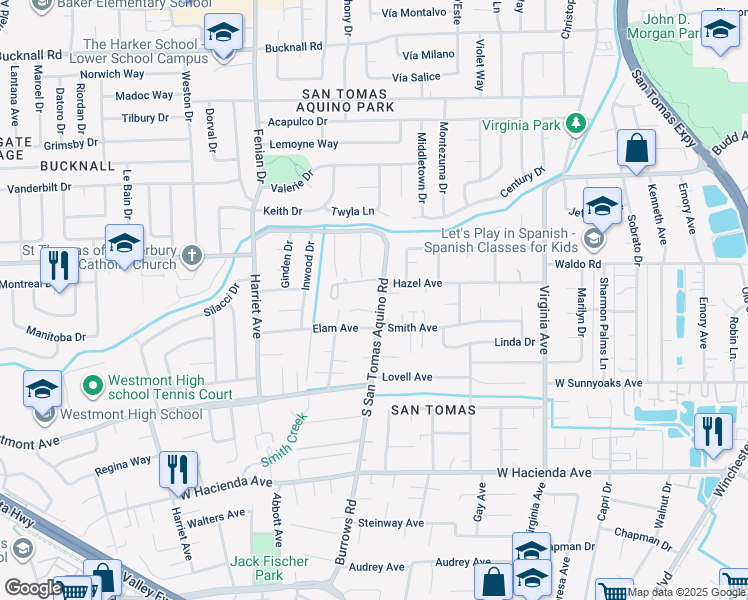 map of restaurants, bars, coffee shops, grocery stores, and more near 833 South San Tomas Aquino Road in Campbell