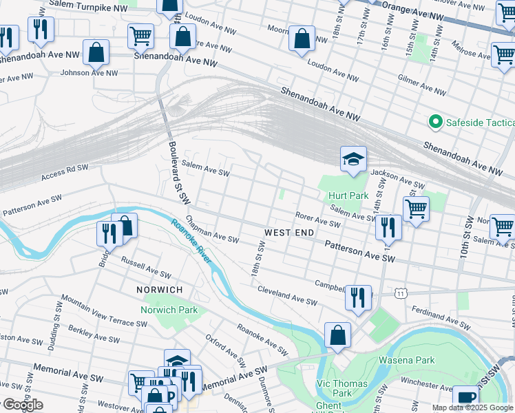 map of restaurants, bars, coffee shops, grocery stores, and more near 1814 Rorer Avenue Southwest in Roanoke