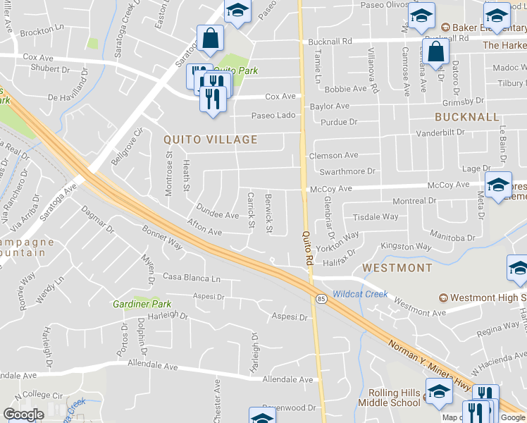 map of restaurants, bars, coffee shops, grocery stores, and more near 13253 Berwick Street in Saratoga