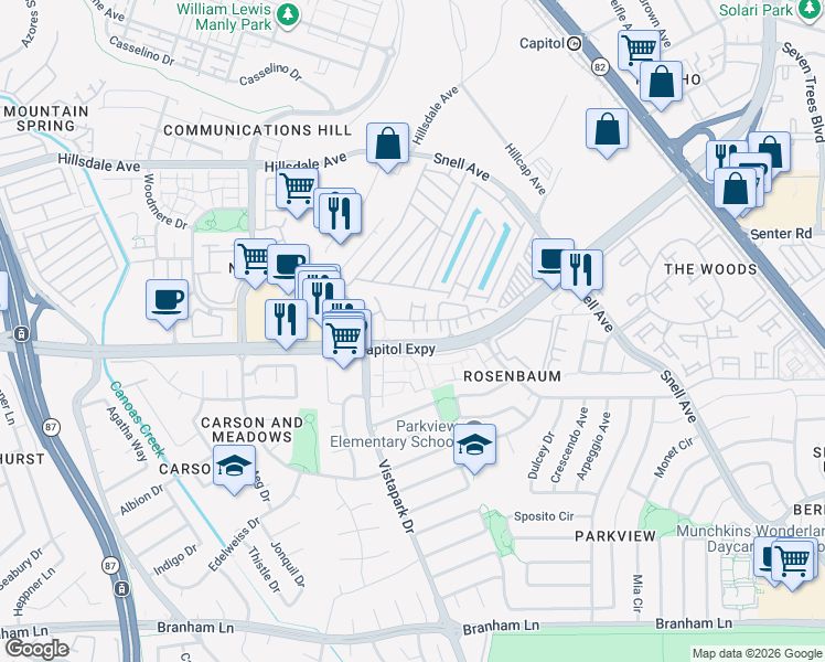 map of restaurants, bars, coffee shops, grocery stores, and more near 338 Vista Roma Way in San Jose