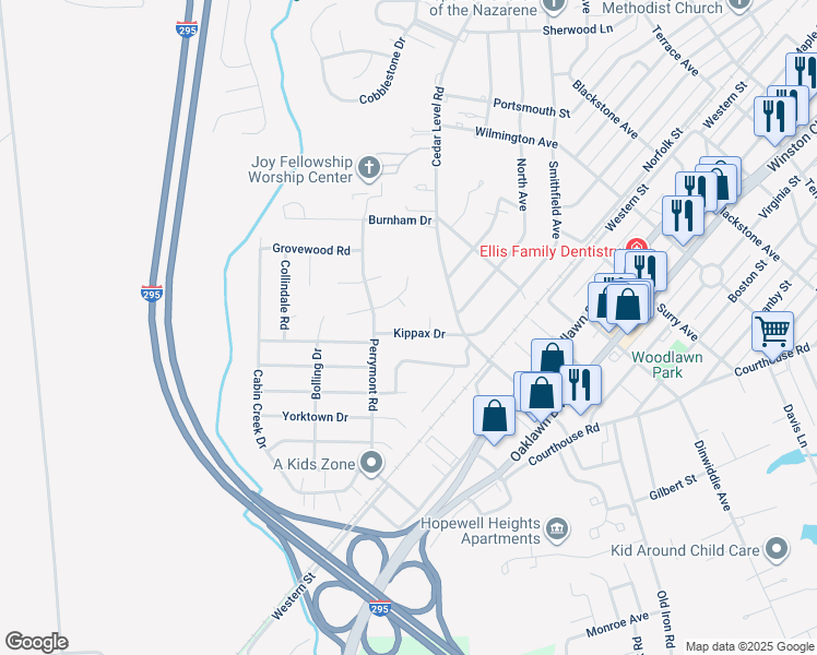 map of restaurants, bars, coffee shops, grocery stores, and more near 3805 Kippax Drive in Hopewell