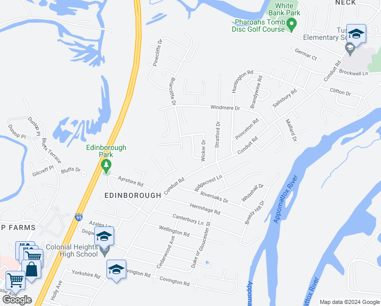 map of restaurants, bars, coffee shops, grocery stores, and more near 1159 Cumberland Drive in Colonial Heights