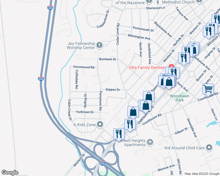 map of restaurants, bars, coffee shops, grocery stores, and more near 3805 Kippax Drive in Hopewell
