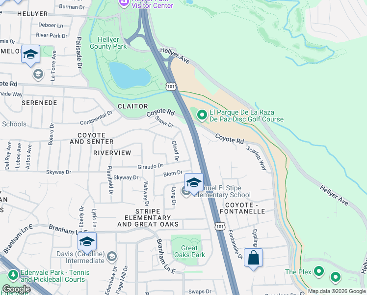 map of restaurants, bars, coffee shops, grocery stores, and more near 4851 Snow Drive in San Jose