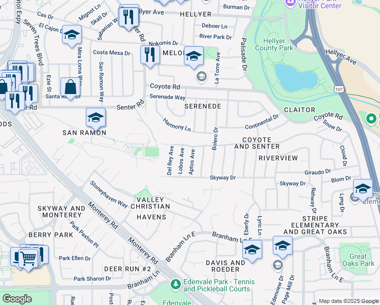 map of restaurants, bars, coffee shops, grocery stores, and more near 4517 Aptos Avenue in San Jose