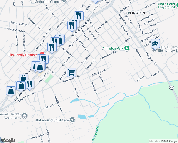 map of restaurants, bars, coffee shops, grocery stores, and more near 3308 Freeman Street in Hopewell