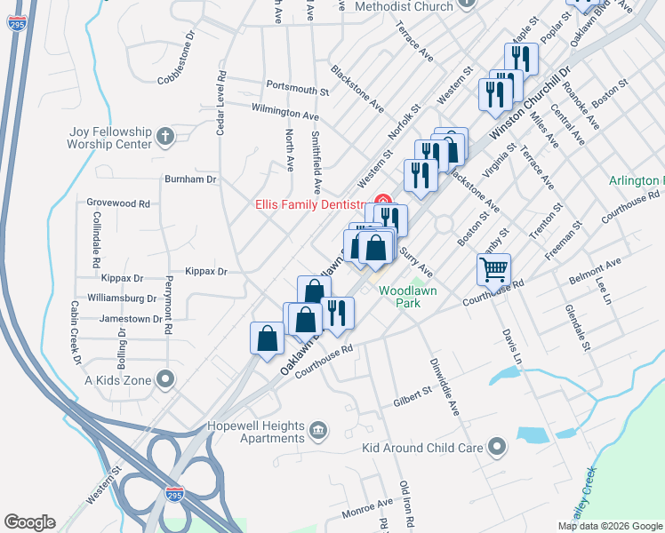 map of restaurants, bars, coffee shops, grocery stores, and more near 3607 Woodlawn Street in Hopewell