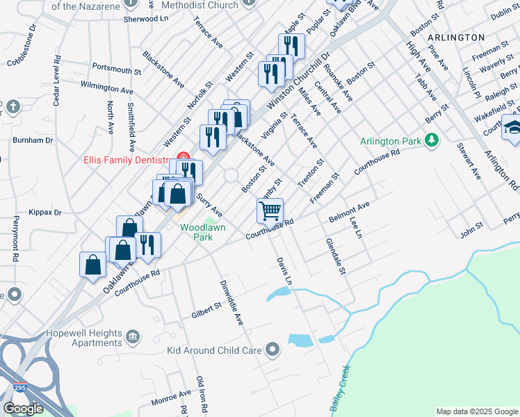 map of restaurants, bars, coffee shops, grocery stores, and more near 3400 Granby Street in Hopewell