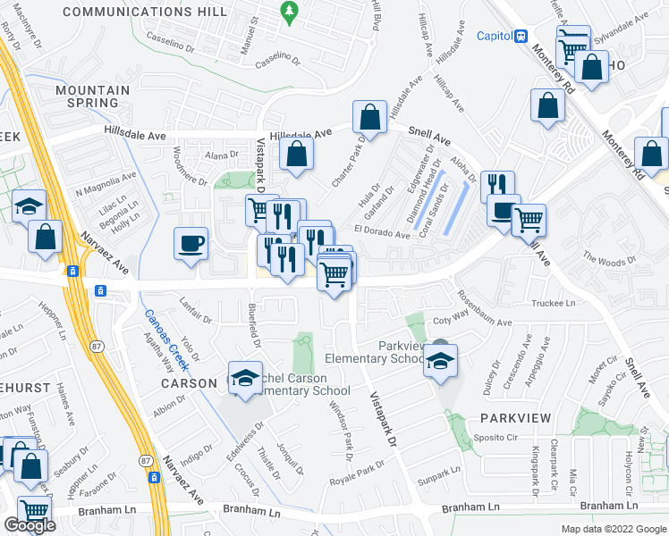 map of restaurants, bars, coffee shops, grocery stores, and more near 3975 Vistapark Drive in San Jose