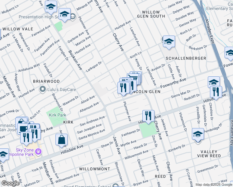 map of restaurants, bars, coffee shops, grocery stores, and more near 2955 Carrington Court in San Jose