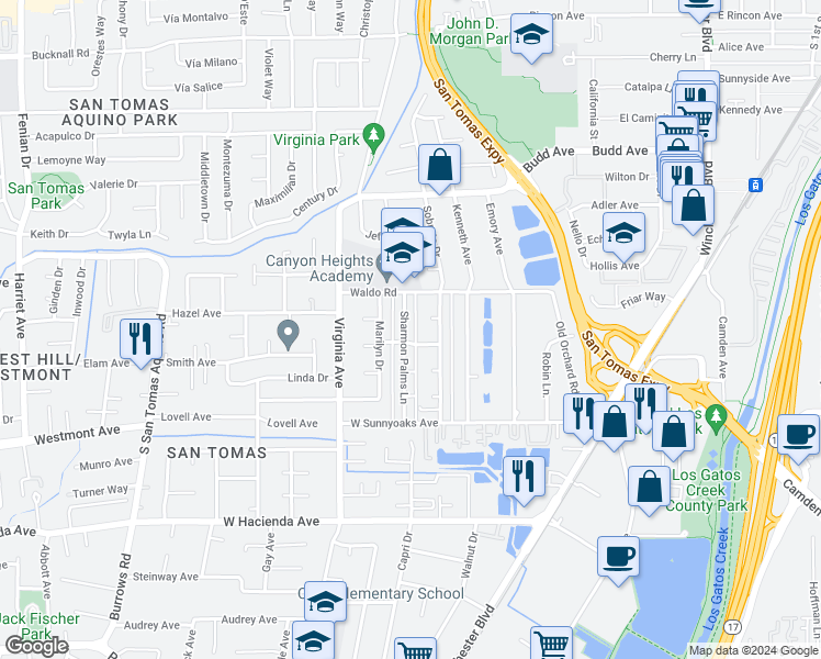 map of restaurants, bars, coffee shops, grocery stores, and more near 817 Sharmon Palms Lane in Campbell