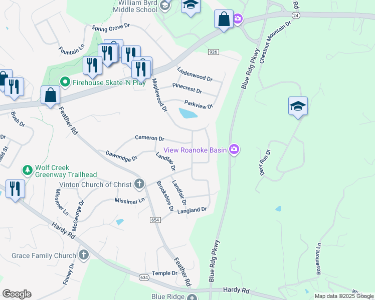 map of restaurants, bars, coffee shops, grocery stores, and more near 613 Devonshire Drive in Vinton