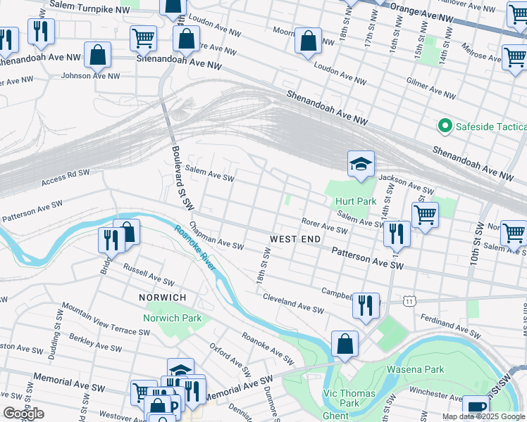 map of restaurants, bars, coffee shops, grocery stores, and more near 1814 Rorer Avenue Southwest in Roanoke