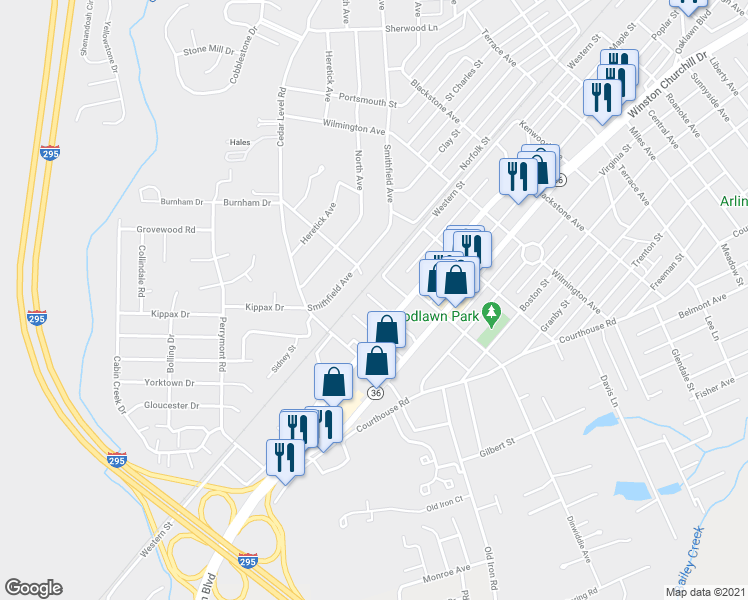 map of restaurants, bars, coffee shops, grocery stores, and more near 702 Dendron Avenue in Hopewell