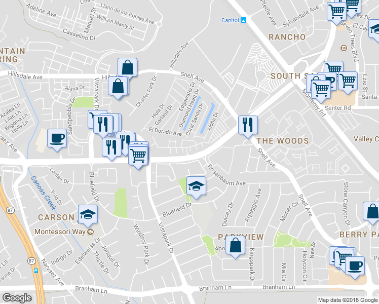 map of restaurants, bars, coffee shops, grocery stores, and more near 3923 Vista Roma Dr in San Jose