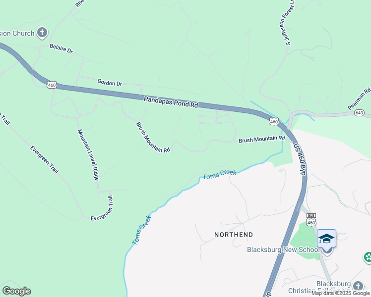 map of restaurants, bars, coffee shops, grocery stores, and more near 425-439 Brush Mountain Road in Blacksburg