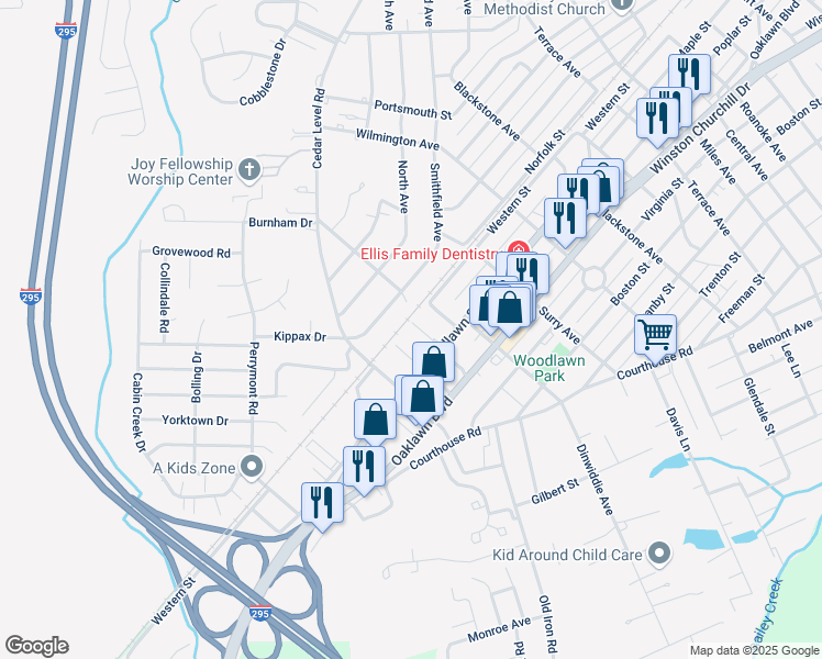 map of restaurants, bars, coffee shops, grocery stores, and more near 704 Dendron Street in Hopewell