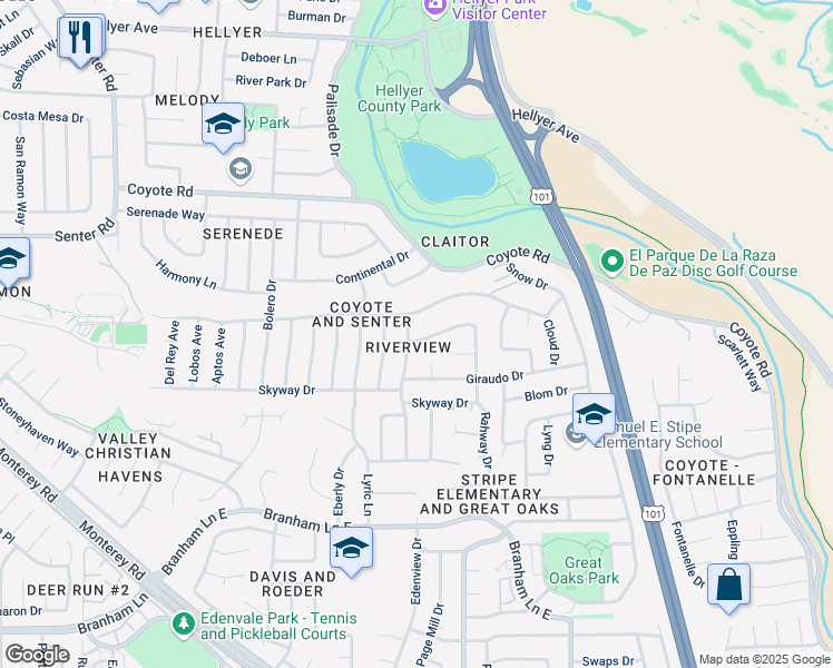 map of restaurants, bars, coffee shops, grocery stores, and more near 4760 Plainfield Drive in San Jose