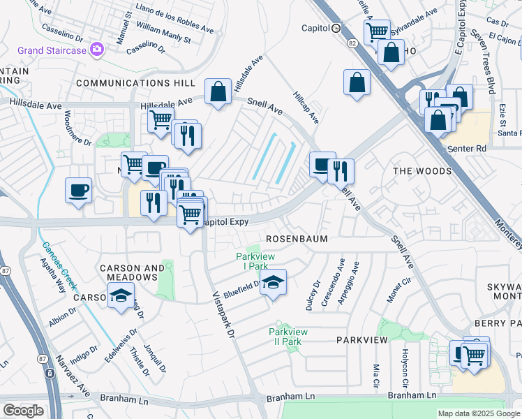 map of restaurants, bars, coffee shops, grocery stores, and more near 3923 Vista Roma Way in San Jose