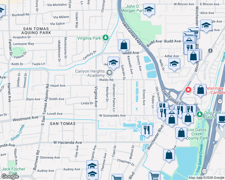 map of restaurants, bars, coffee shops, grocery stores, and more near 805 Sharmon Palms Lane in Campbell