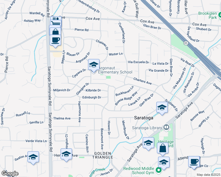 map of restaurants, bars, coffee shops, grocery stores, and more near 13284 Beaumont Avenue in Saratoga