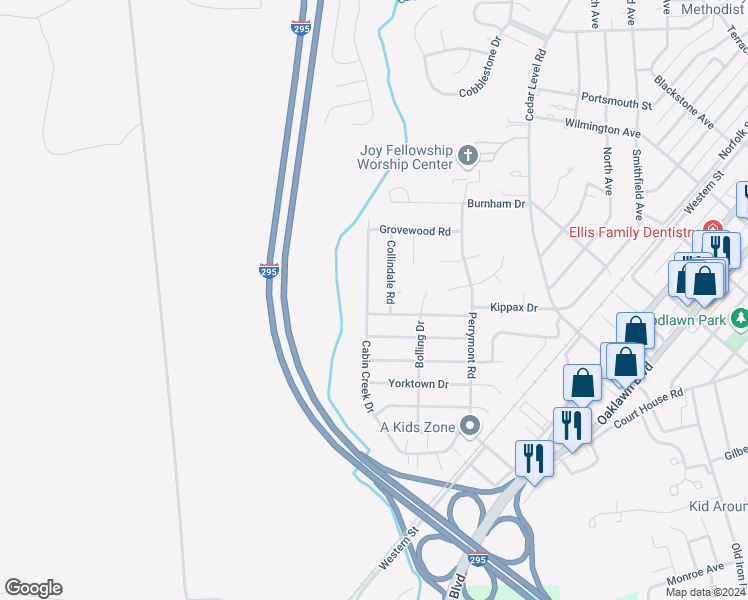 map of restaurants, bars, coffee shops, grocery stores, and more near 4015 Kippax Drive in Hopewell