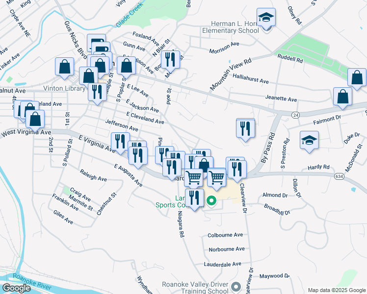 map of restaurants, bars, coffee shops, grocery stores, and more near 859 Bedford Rd in Vinton