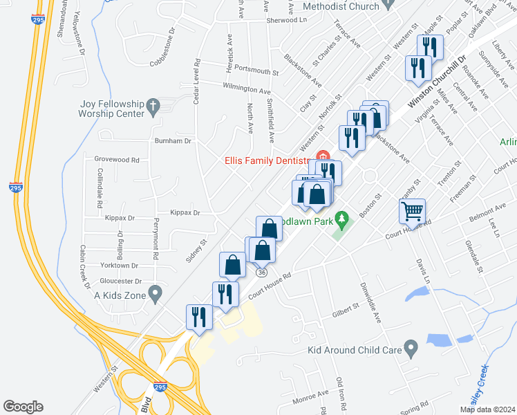 map of restaurants, bars, coffee shops, grocery stores, and more near 700 Dendron Avenue in Hopewell