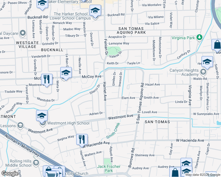 map of restaurants, bars, coffee shops, grocery stores, and more near 1460 Inskip Drive in Campbell