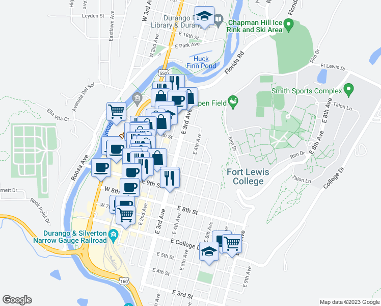 map of restaurants, bars, coffee shops, grocery stores, and more near 1125 East 4th Avenue in Durango