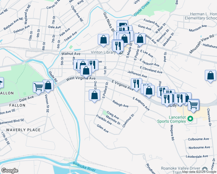 map of restaurants, bars, coffee shops, grocery stores, and more near 626 South Pollard Street in Vinton
