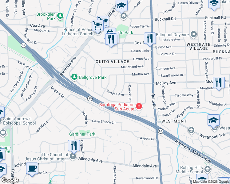 map of restaurants, bars, coffee shops, grocery stores, and more near 18803 Dundee Avenue in Saratoga