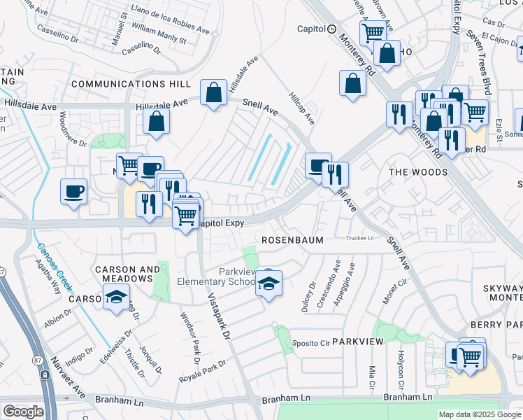 map of restaurants, bars, coffee shops, grocery stores, and more near 254 Vista Roma Way in San Jose