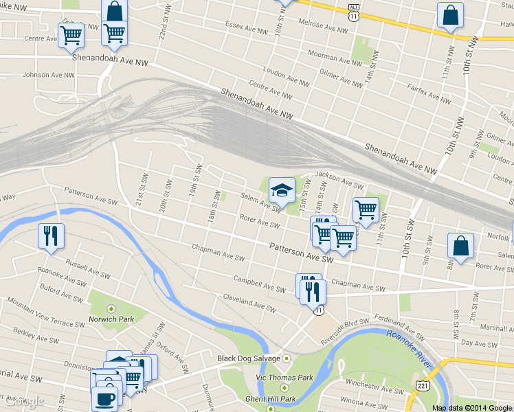 map of restaurants, bars, coffee shops, grocery stores, and more near 1610 Salem Avenue Southwest in Roanoke