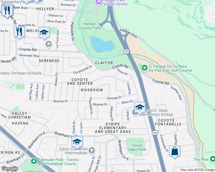 map of restaurants, bars, coffee shops, grocery stores, and more near 736 Braxton Drive in San Jose