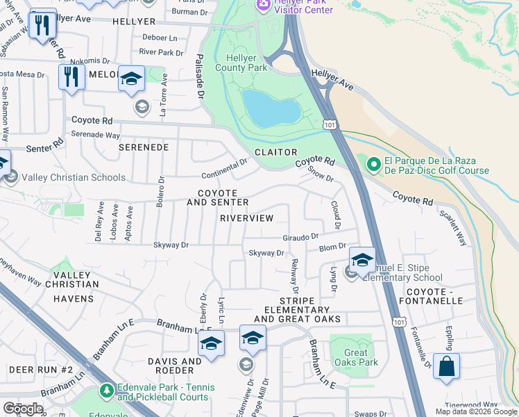 map of restaurants, bars, coffee shops, grocery stores, and more near 4760 Plainfield Drive in San Jose