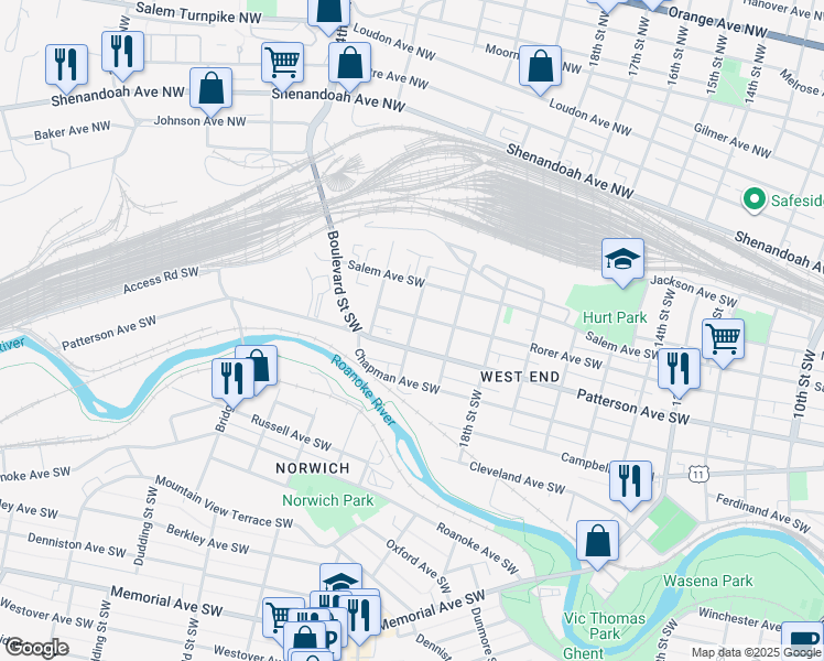 map of restaurants, bars, coffee shops, grocery stores, and more near 345 20th Street Southwest in Roanoke