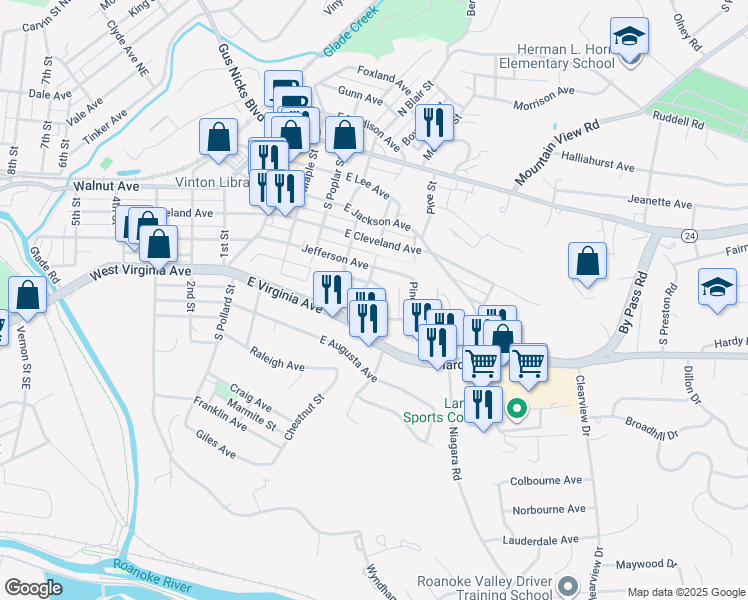 map of restaurants, bars, coffee shops, grocery stores, and more near 529 Spruce Street in Vinton