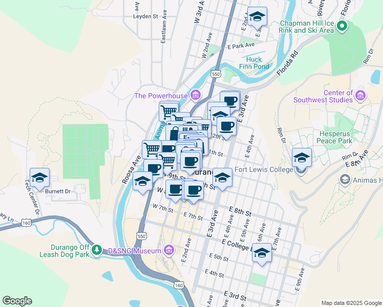 map of restaurants, bars, coffee shops, grocery stores, and more near 1099 Main Avenue in Durango